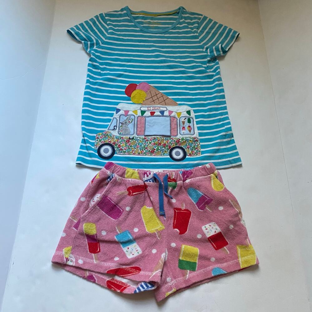 Mini Boden blue striped ice cream shirt & terry shorts outfit